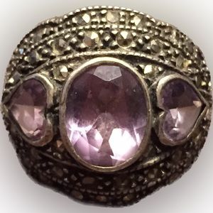 Silver tone ring with purple stones, hearts